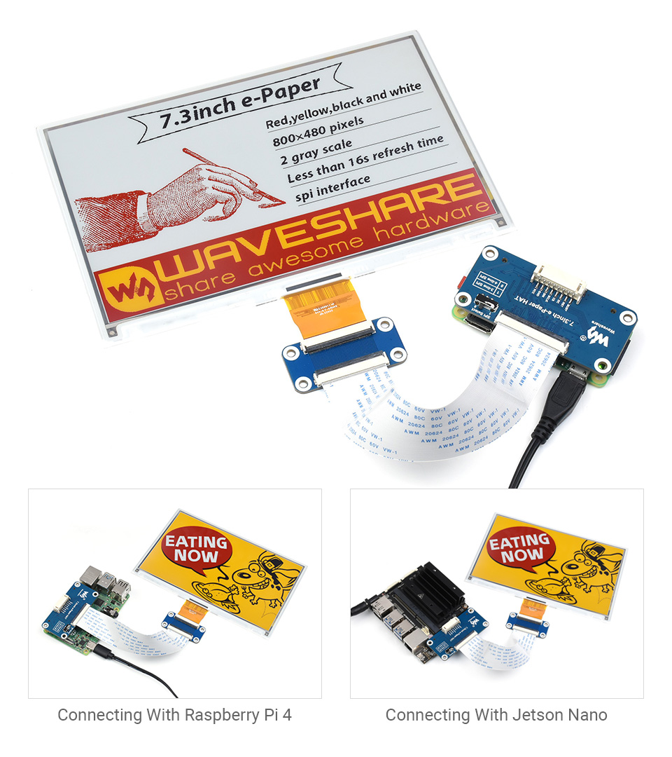 Waveshare Écran e-Paper e-Ink HAT de 3,7 pouces pour Raspberry Pi, 480