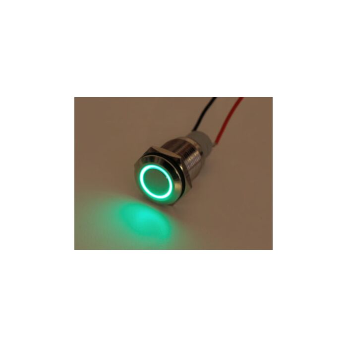Waterproof Metal Pushbutton with Green LED Ring - 16mm Green Momentary