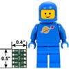 Logic level shifter 4-channel bidirectional bottom view with dimensions next to a LEGO Minifigure for size reference. (SKU: POLOLU-2595 Image 4)