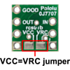 Pololu RC Switch with Digital Output bottom view with the VCC=VRC jumper labeled. (SKU: POLOLU-2801 Image 6)