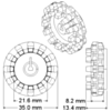 Dimensions of the Pololu wheel 42x19mm hub/Pololu track set drive sprocket. (SKU: POLOLU-1090 Image 2)