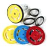 Solarbotics GMPW plastic wheels and rubber band tires- one mounted on a GM2 gearmotor. (SKU: POLOLU-186 Image 2)