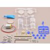 Parts included with the Tamiya 70188 mini motor gearbox (8-speed) kit with quarter for size reference. (SKU: POLOLU-1682 Image 2)
