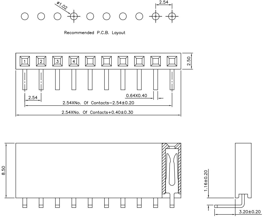 Dimensions for 0.1 right-angle female headers in millimeters. (SKU: POLOLU-2707 Image 2)