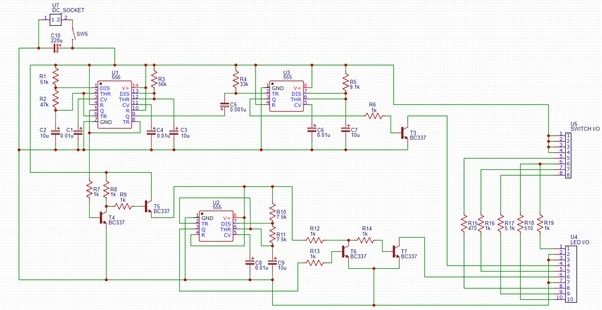 Lachlans final circuit design, it features 2 555's and a 556, along with the supporting circuitry