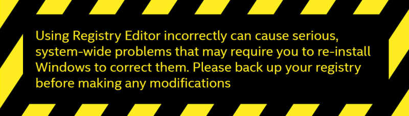 warning about editing registries, can cause system wide issues if critical registries are edited
