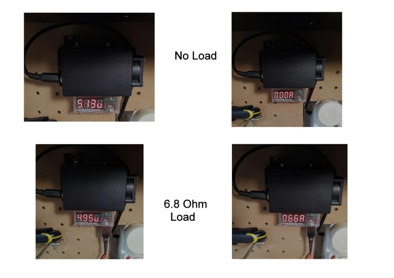 The charge doctor showing no-load and load voltage and current output