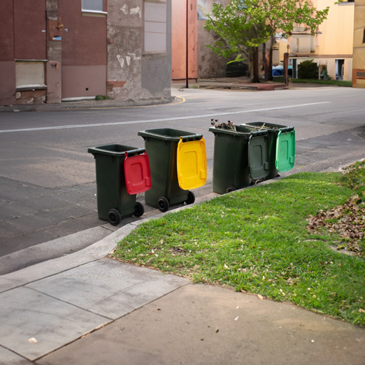An image of a curb side with australian bins on it.