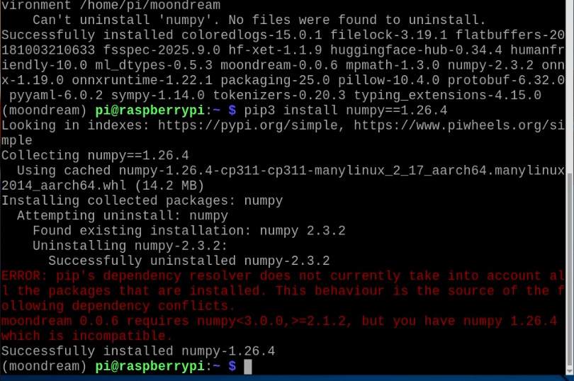 an image of the pi terminal installing moondream pypi package