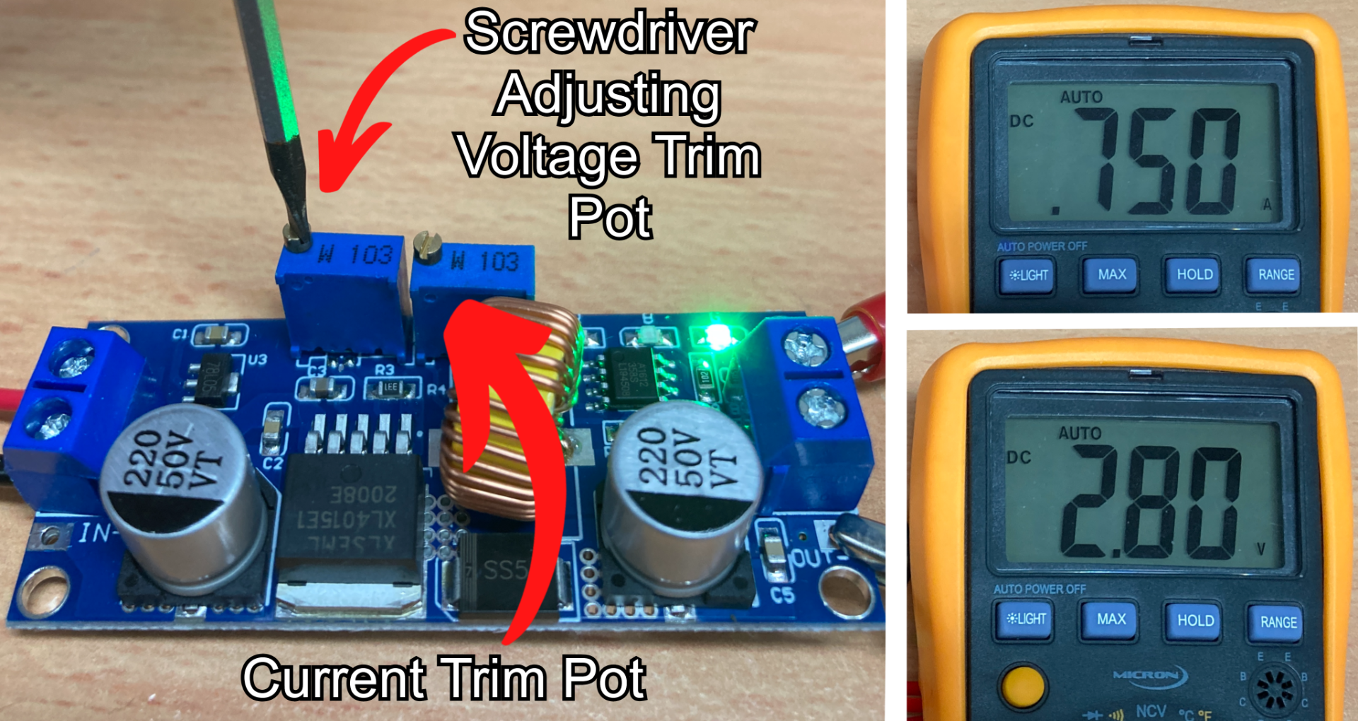 Adjusting the Voltage Trim Pot. We want to get the values seen on the right